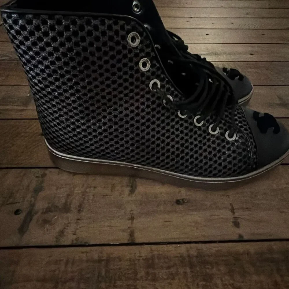 Chanel Black Mesh and Leather CC Cap Toe High Top Sneakers Size 36